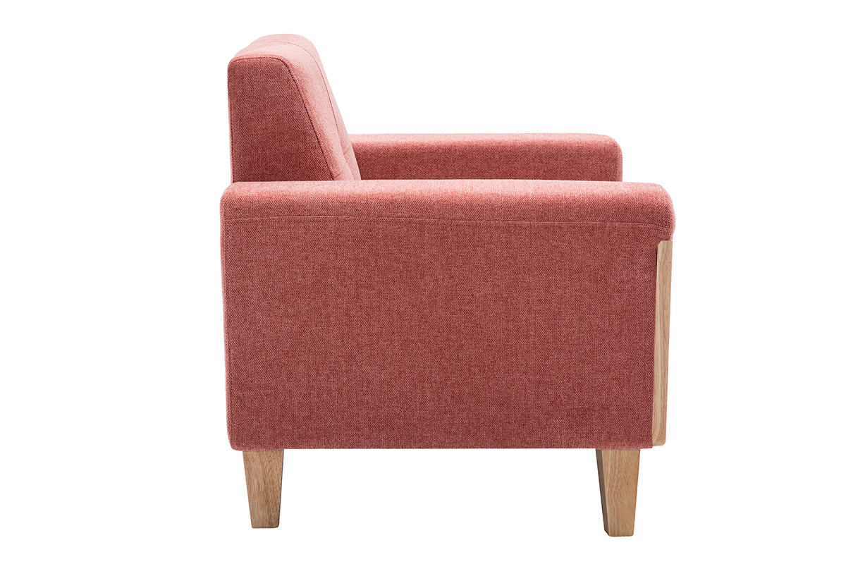 Fauteuil scandinave terracotta et bois clair, vue de profil.