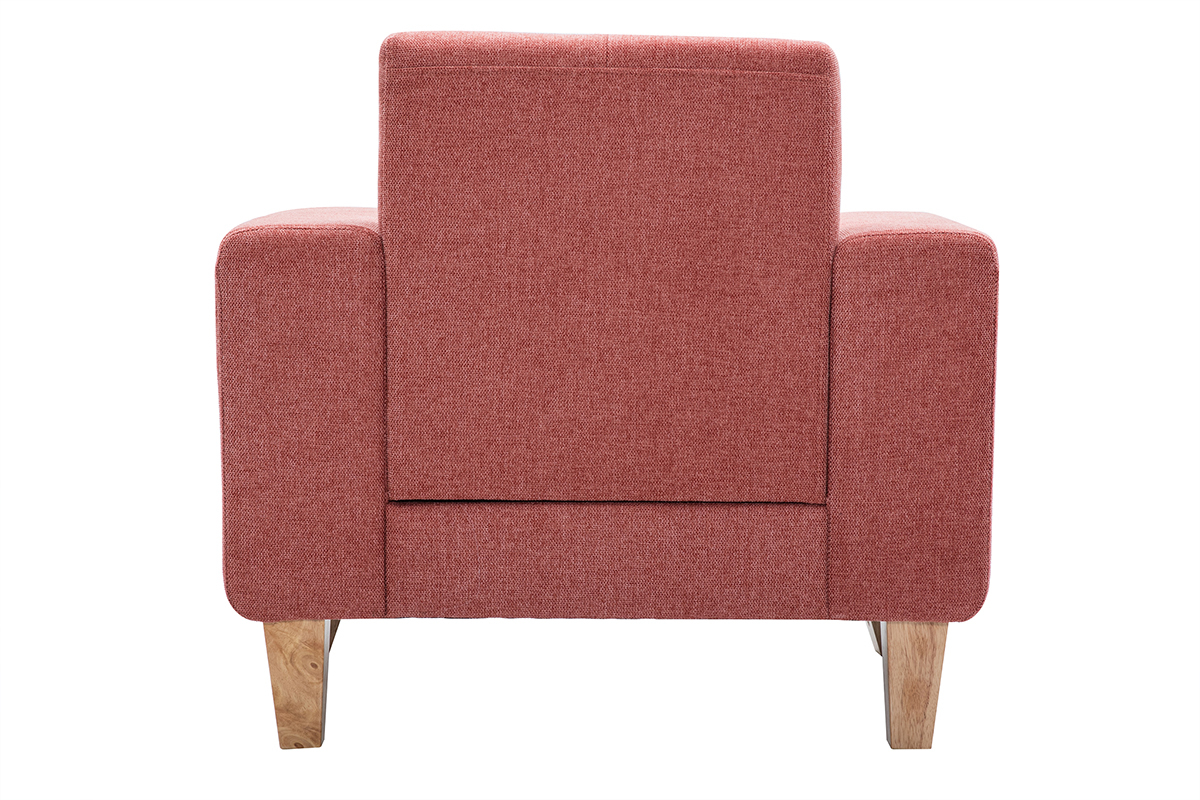 Dos du fauteuil scandinave en tissu terracotta avec pieds en bois clair.