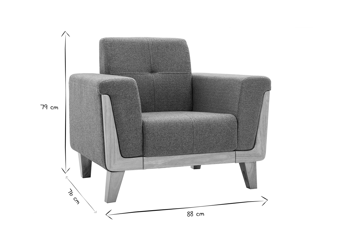 Fauteuil scandinave noir et blanc avec dimensions 88x76x79 cm, vue de trois-quarts.