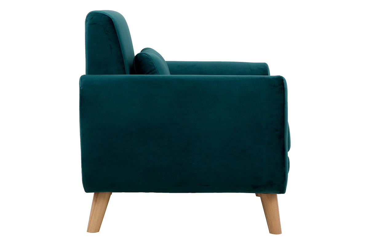 Fauteuil scandinave EKTOR en velours bleu p�trole, vue de profil avec pi�tement en bois clair.