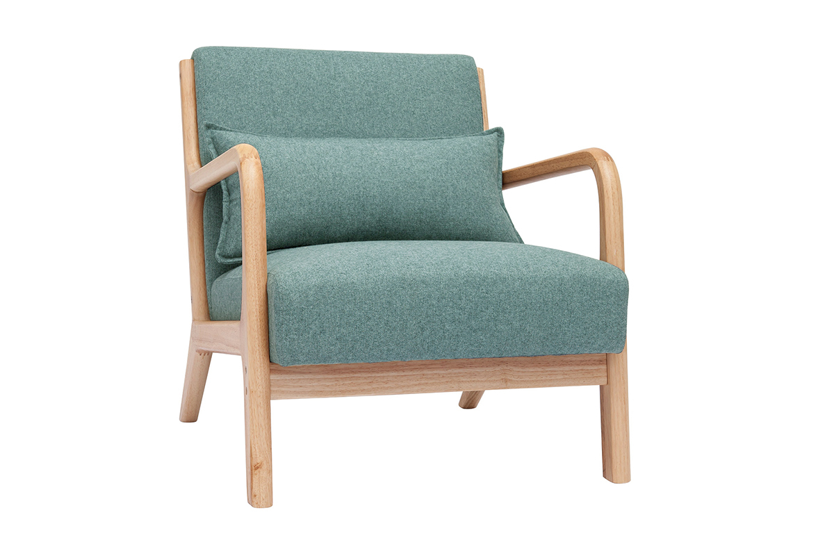 Fauteuil scandinave vert de gris en bois clair, vue de 3/4.