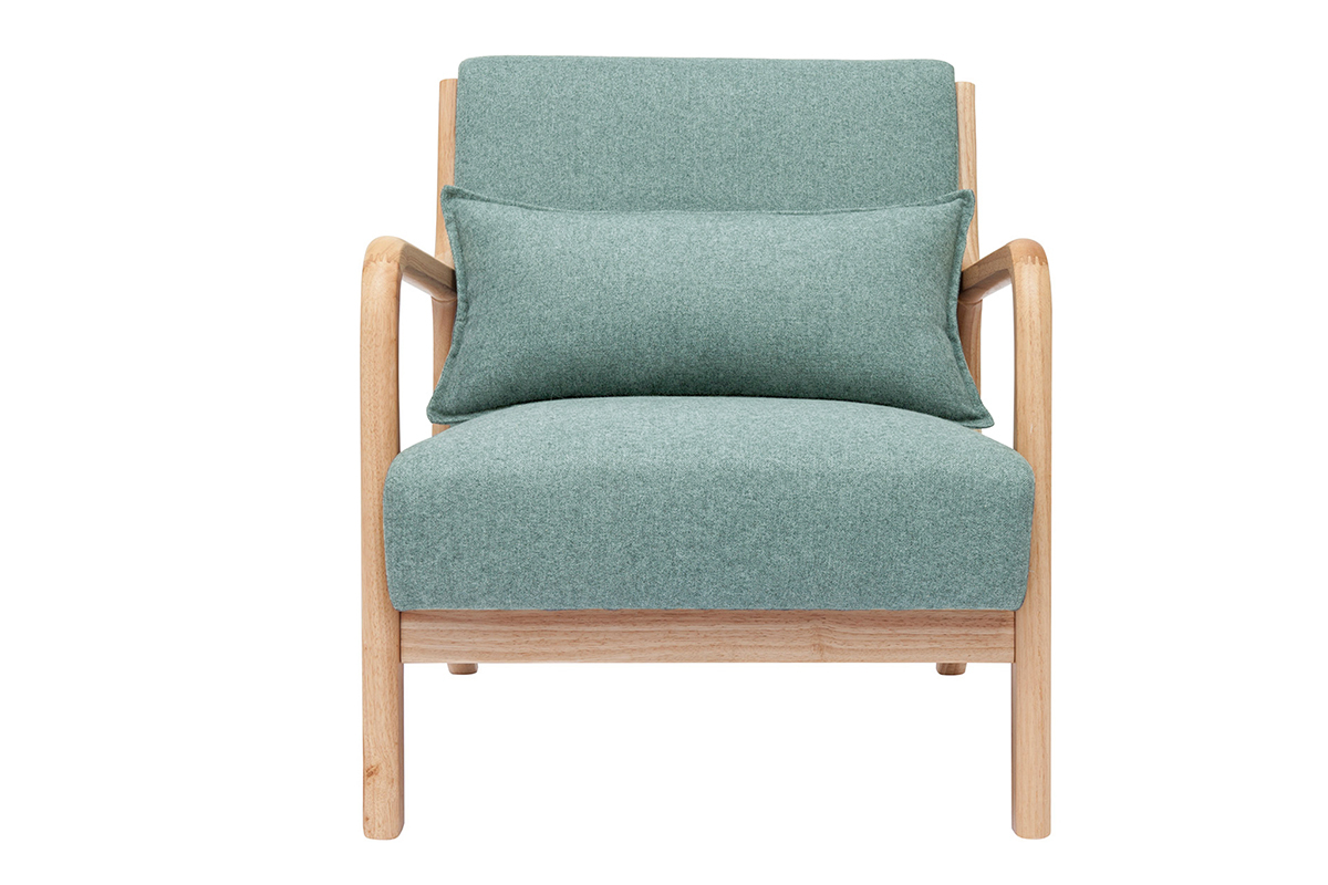 Fauteuil scandinave vert de gris en bois clair vu de face avec coussin assorti.