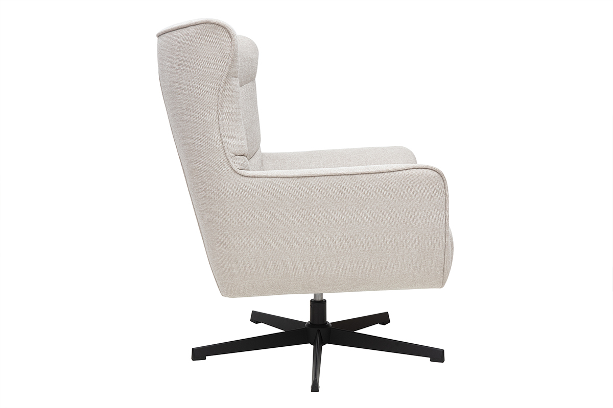 Fauteuil scandinave pivotant beige, vue de c�t�, pieds en m�tal noir.