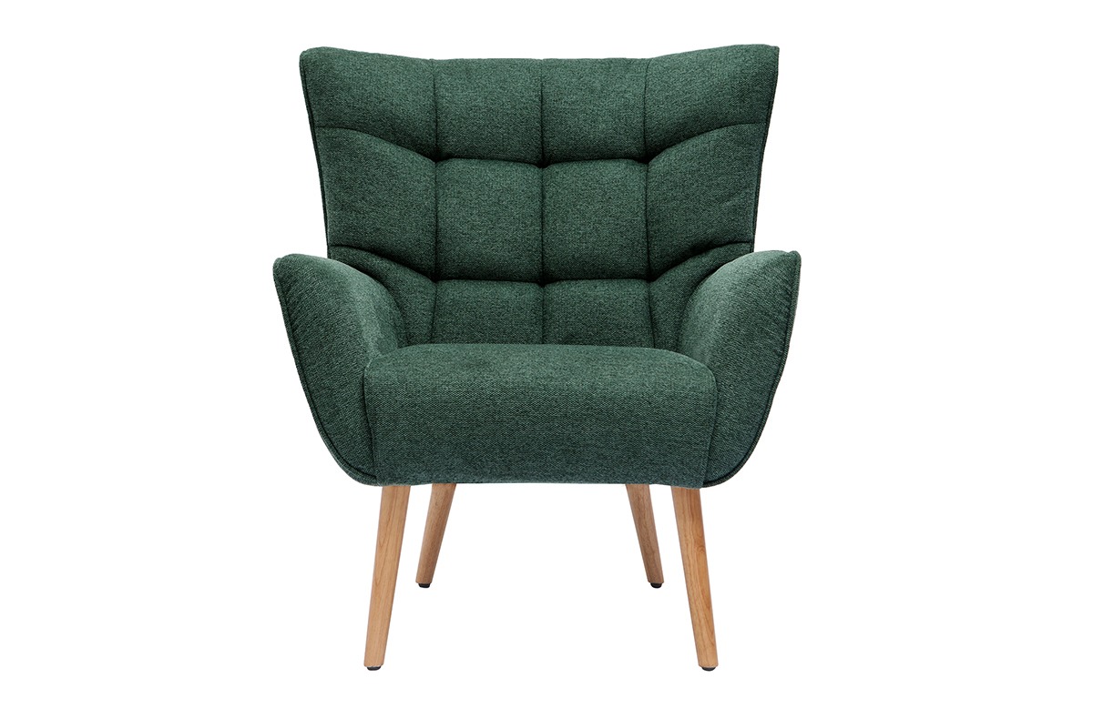 Fauteuil scandinave tissu effet velours textur� vert fonc� et bois clair AVERY