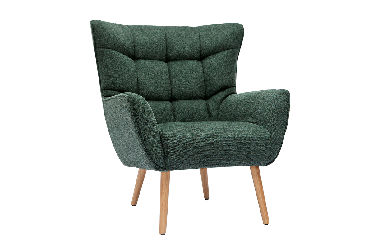 Fauteuil scandinave tissu effet velours textur� vert fonc� et bois clair AVERY