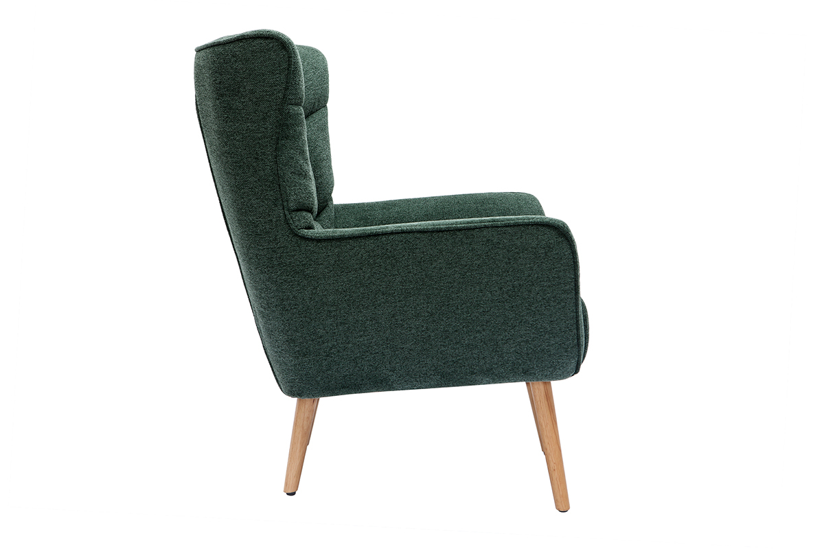 Fauteuil scandinave tissu effet velours textur� vert fonc� et bois clair AVERY