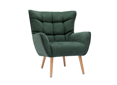 Fauteuil scandinave tissu effet velours textur&eacute; vert fonc&eacute; et bois clair AVERY