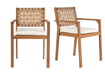 Fauteuils de jardin empilables en bois massif avec coussin blanc et sangles beiges (lot de 2) SANTANA