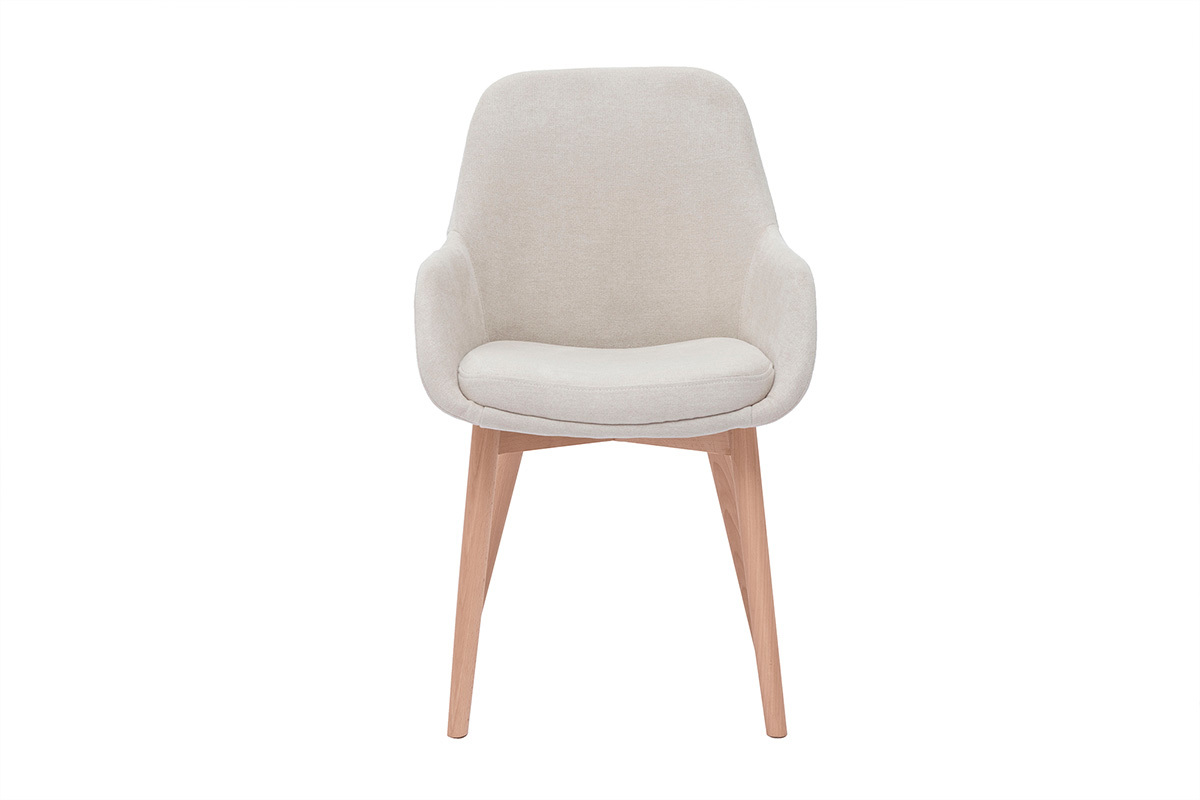 Fauteuil scandinave en tissu beige, vue de face, pieds en bois clair.