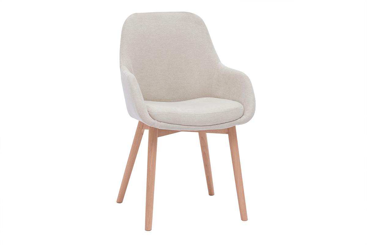 Fauteuil scandinave en tissu velours beige et pieds en bois clair, vue de 3/4.