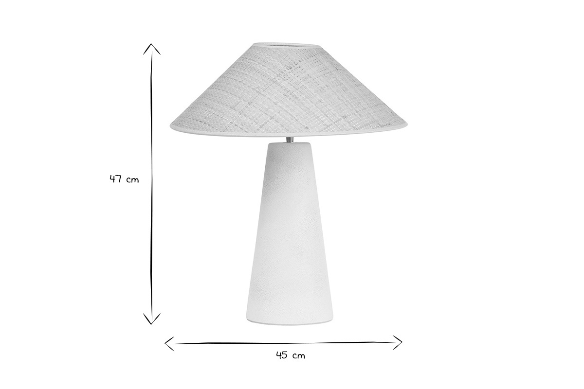 Dimensions de la lampe JUNI, hauteur 47 cm et largeur 45 cm, en noir et blanc.