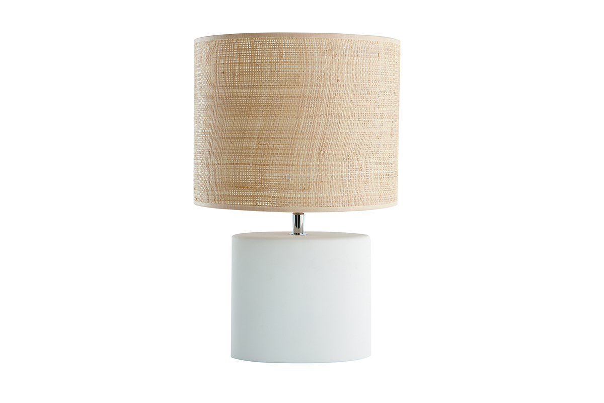 Lampe � poser en c�ramique blanc mat et abat-jour en raphia naturel H40 cm TIGA