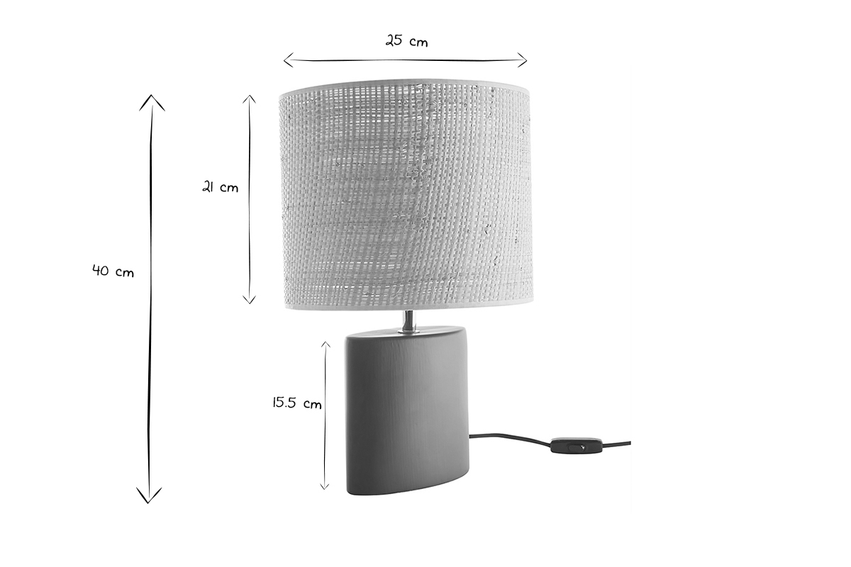Lampe � poser en c�ramique bleu p�trole mat et abat-jour en raphia naturel H40 cm TIGA