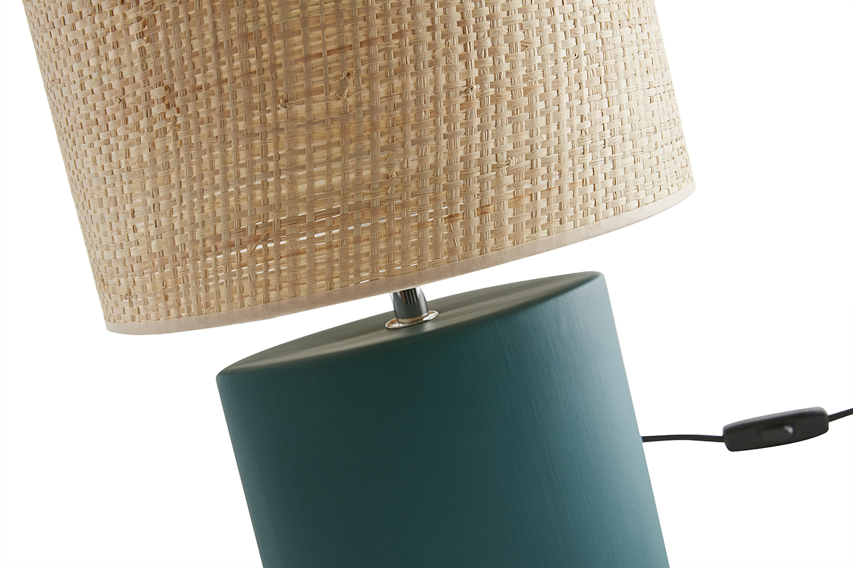 Lampe � poser en c�ramique bleu p�trole mat et abat-jour en raphia naturel H40 cm TIGA