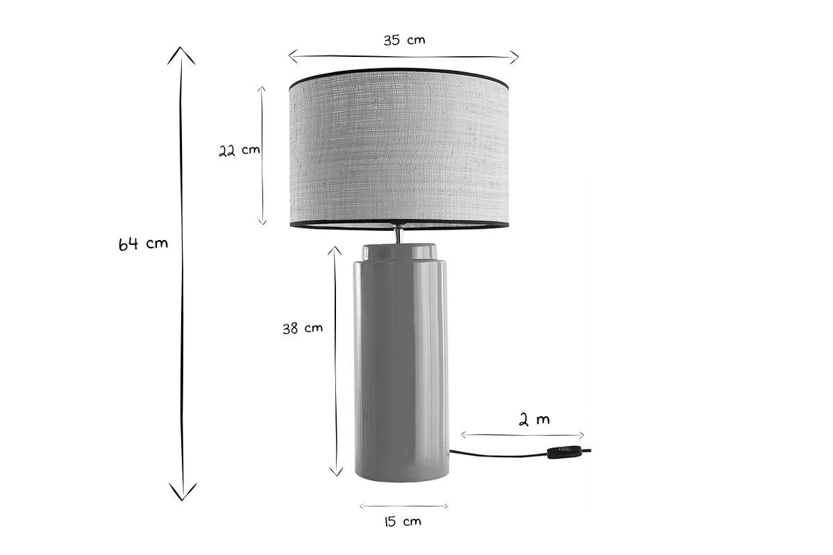 Dimensions de la lampe � poser MAJES en noir et blanc : H64 cm, L35 cm, base 15 cm, c�ble 2 m.