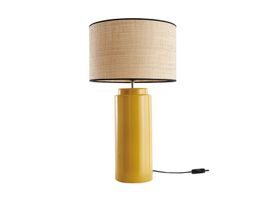 Lampe &agrave; poser en c&eacute;ramique &eacute;maill&eacute;e jaune et abat-jour en raphia naturel H64 cm MAJES