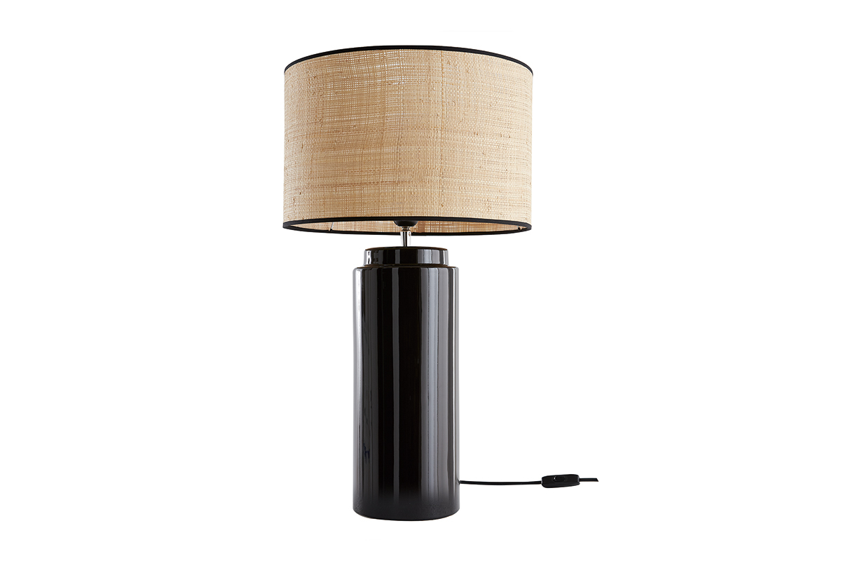 Lampe � poser en c�ramique �maill�e noire et abat-jour en raphia naturel H64 cm MAJES