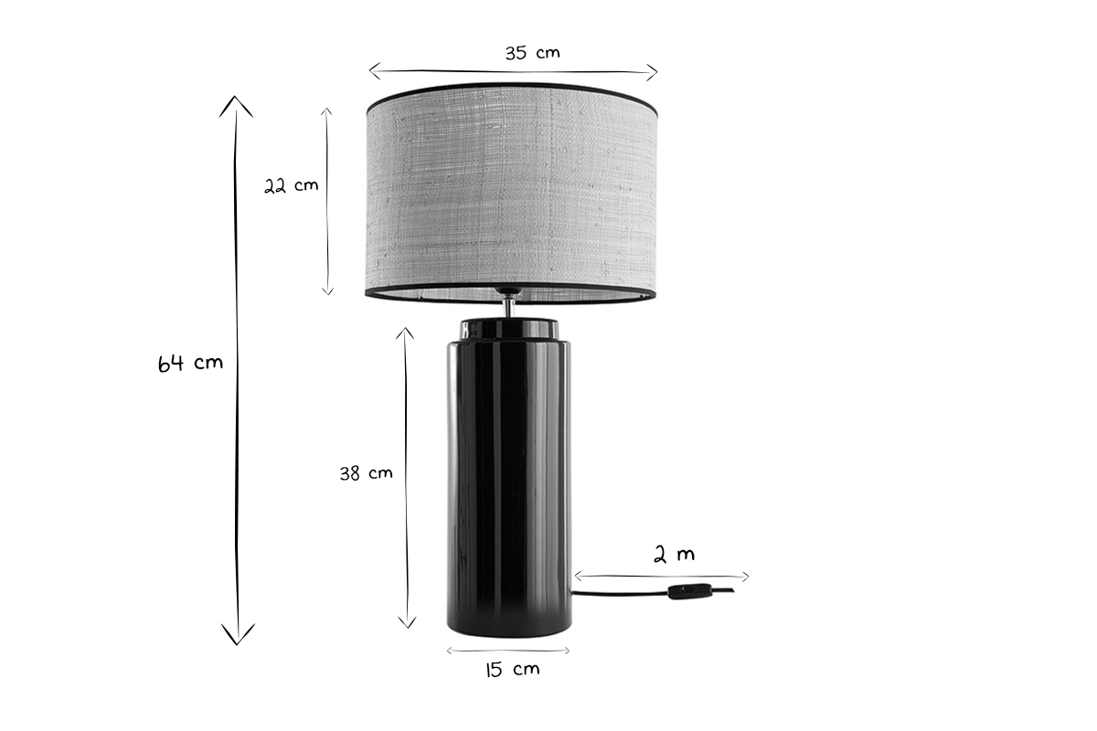 Lampe � poser en c�ramique �maill�e noire et abat-jour en raphia naturel H64 cm MAJES