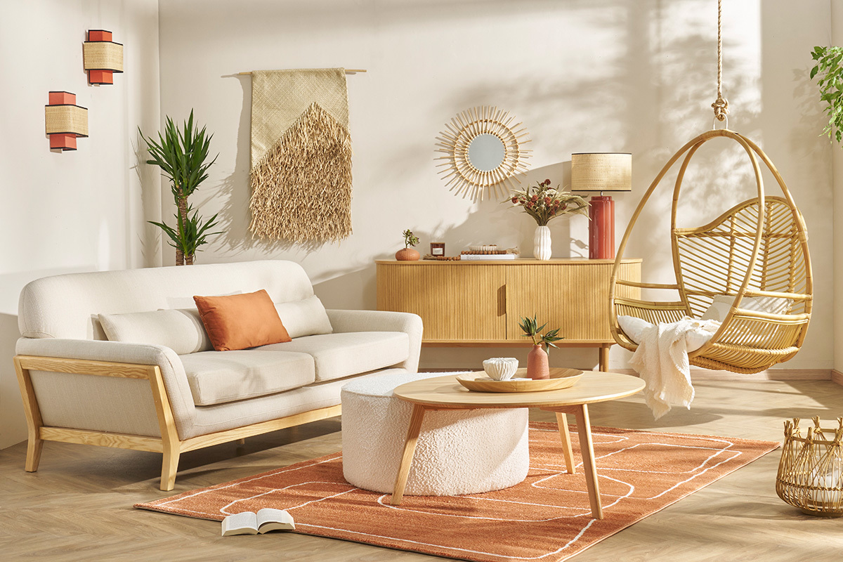 Lampe � poser en c�ramique �maill�e terracotta et abat-jour en raphia naturel H64 cm MAJES