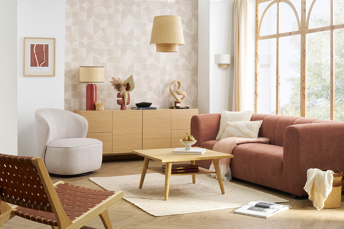 Lampe � poser en c�ramique �maill�e terracotta et abat-jour en raphia naturel H64 cm MAJES