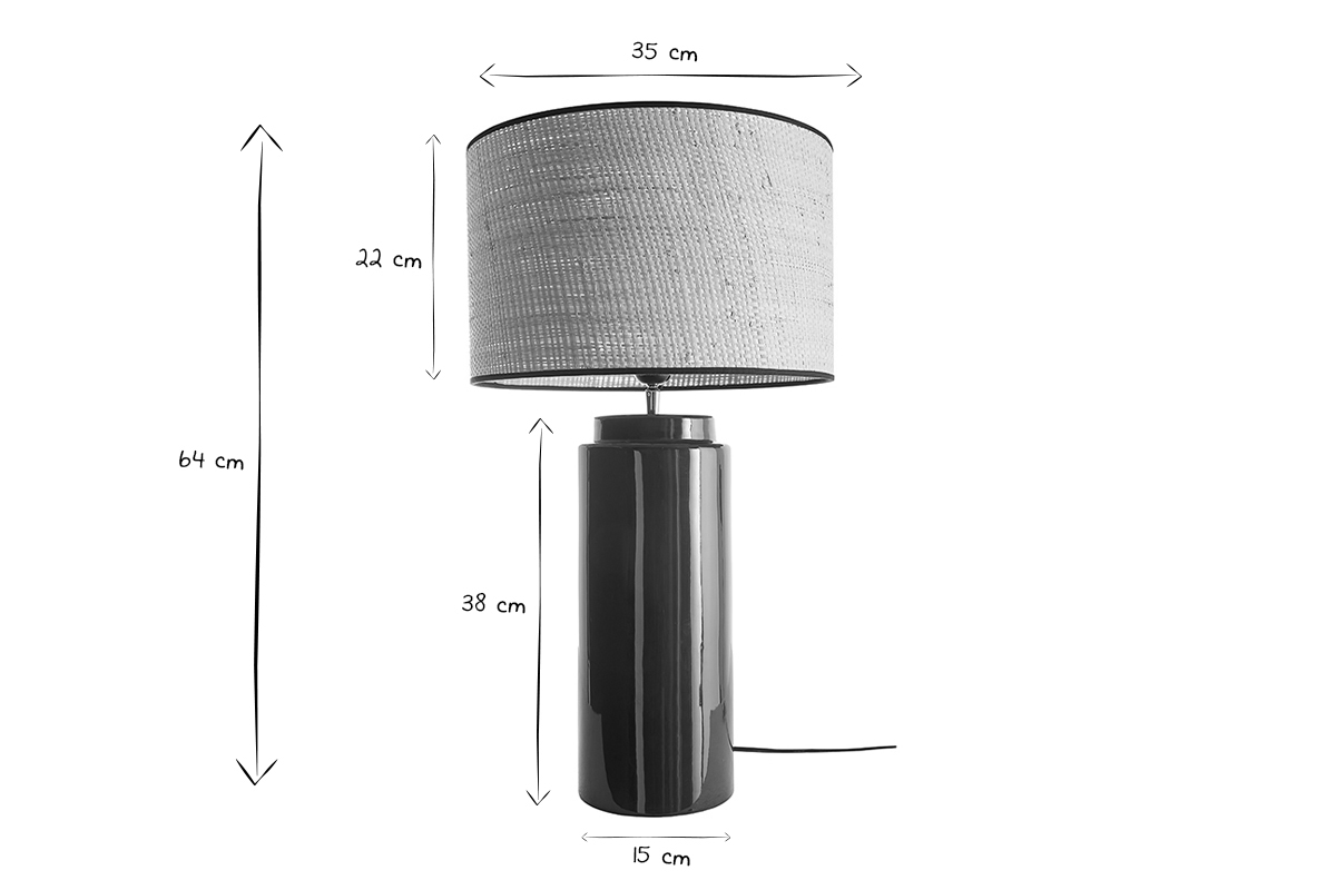 Dimensions de la lampe en c�ramique, H64 cm, base 15 cm, abat-jour 35 cm, en noir et blanc.