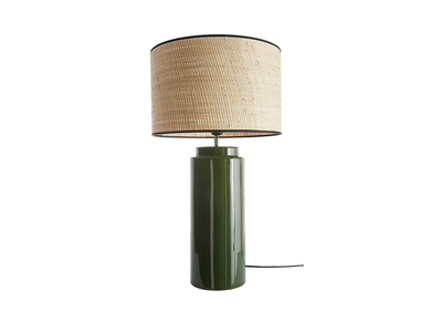 Lampe &agrave; poser en c&eacute;ramique &eacute;maill&eacute;e verte et abat-jour en raphia naturel H64 cm MAJES