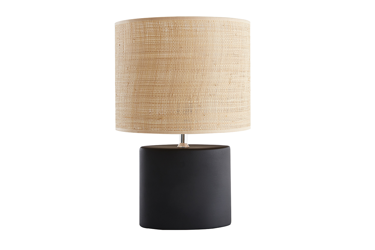 Lampe � poser en c�ramique noire mat et abat-jour en raphia naturel H40 cm TIGA