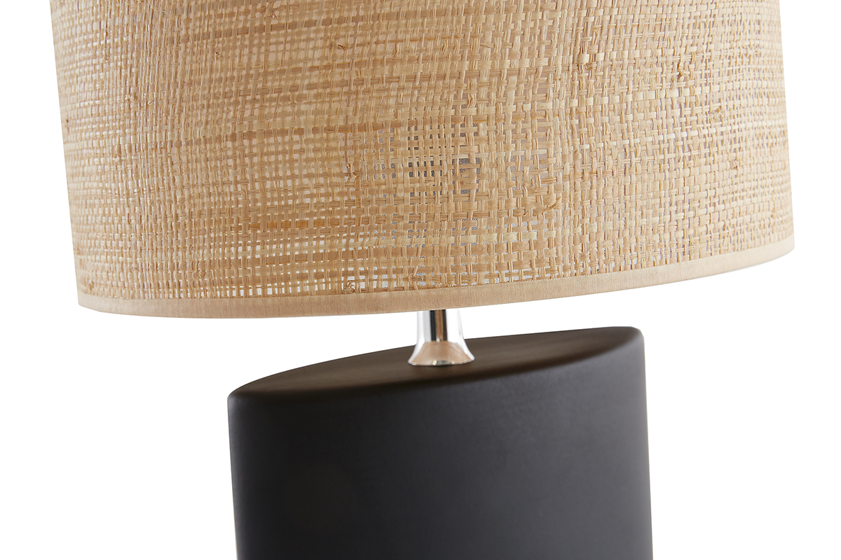 Lampe � poser en c�ramique noire mat et abat-jour en raphia naturel H40 cm TIGA