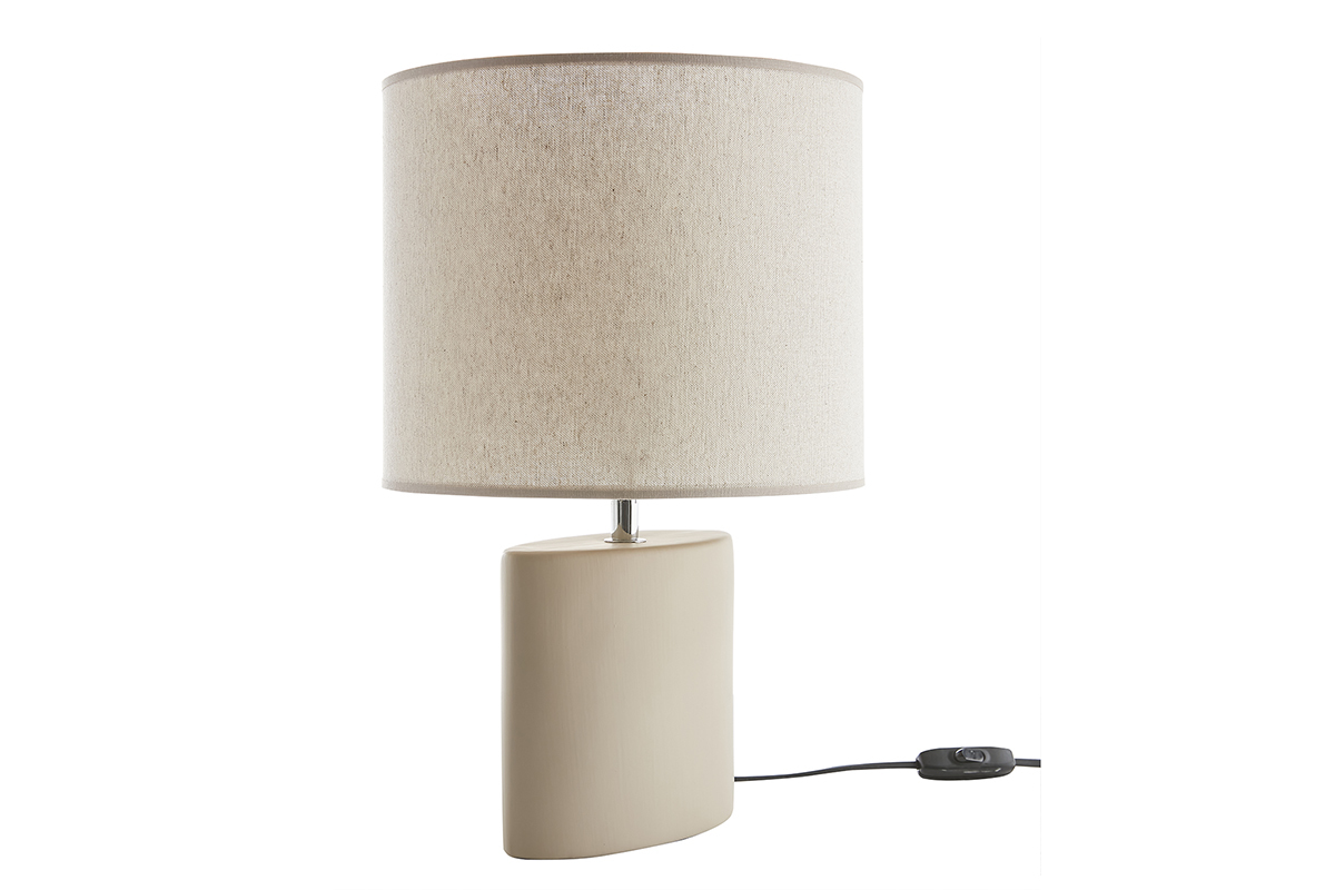 Lampe � poser en c�ramique taupe mat et abat-jour en lin naturel TIGA