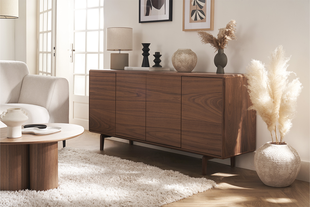 Lampe � poser en c�ramique taupe mat et abat-jour en lin naturel TIGA