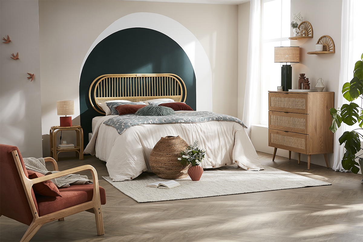 Lampe � poser en c�ramique terracotta mat et abat-jour en raphia naturel H40 cm TIGA