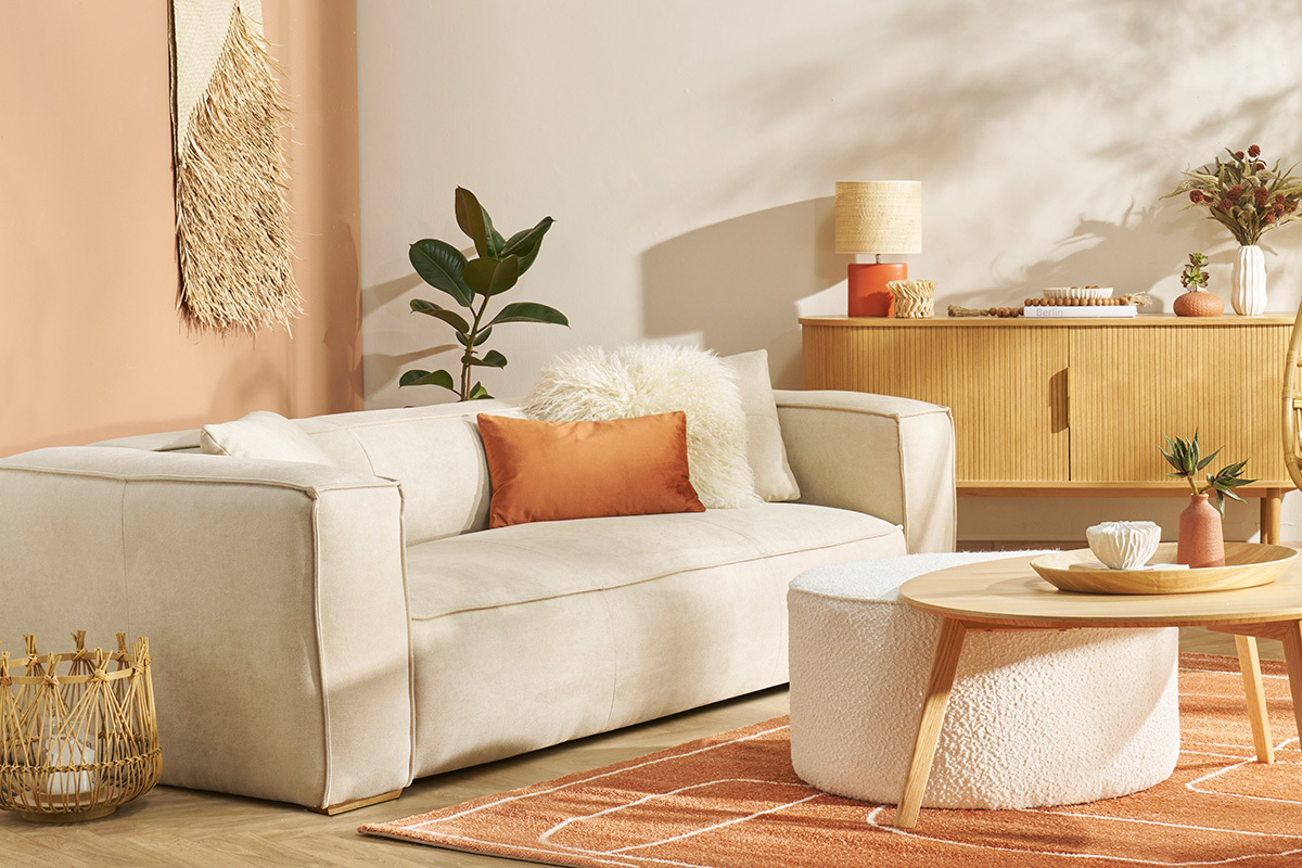 Lampe � poser en c�ramique terracotta mat et abat-jour en raphia naturel H40 cm TIGA