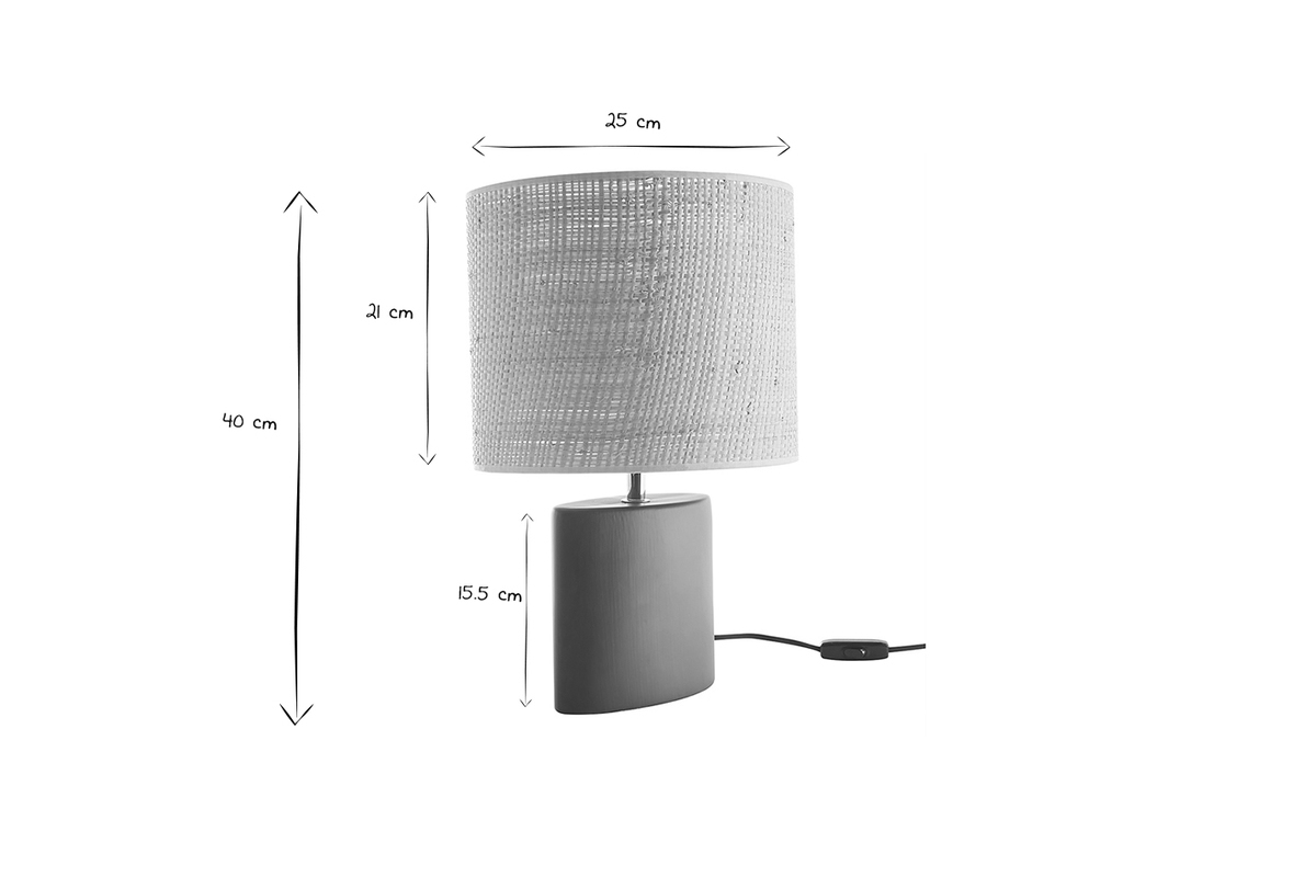 Dimensions de la lampe TIGA H40 cm : L25 x L25 cm, abat-jour de 21 cm, base de 15,5 cm en noir et blanc.