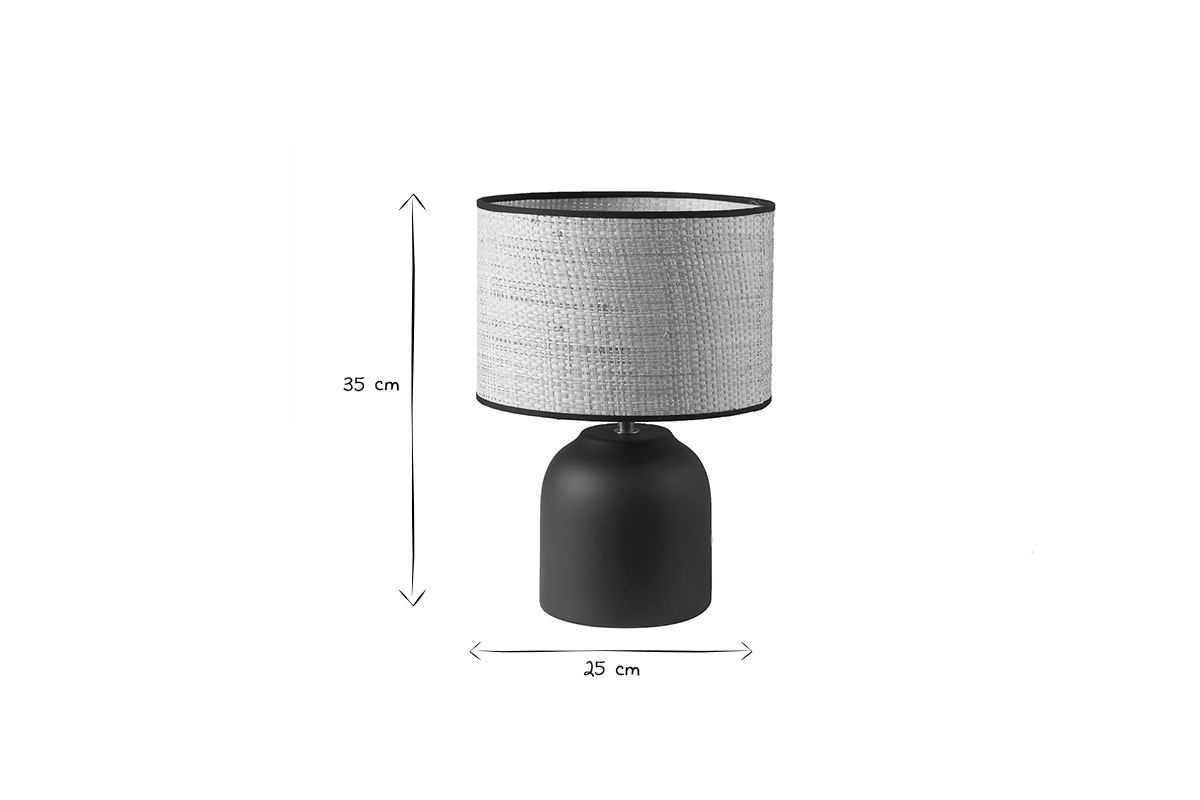 Lampe � poser noire en c�ramique mate et abat-jour en raphia H35 cm ROCHA