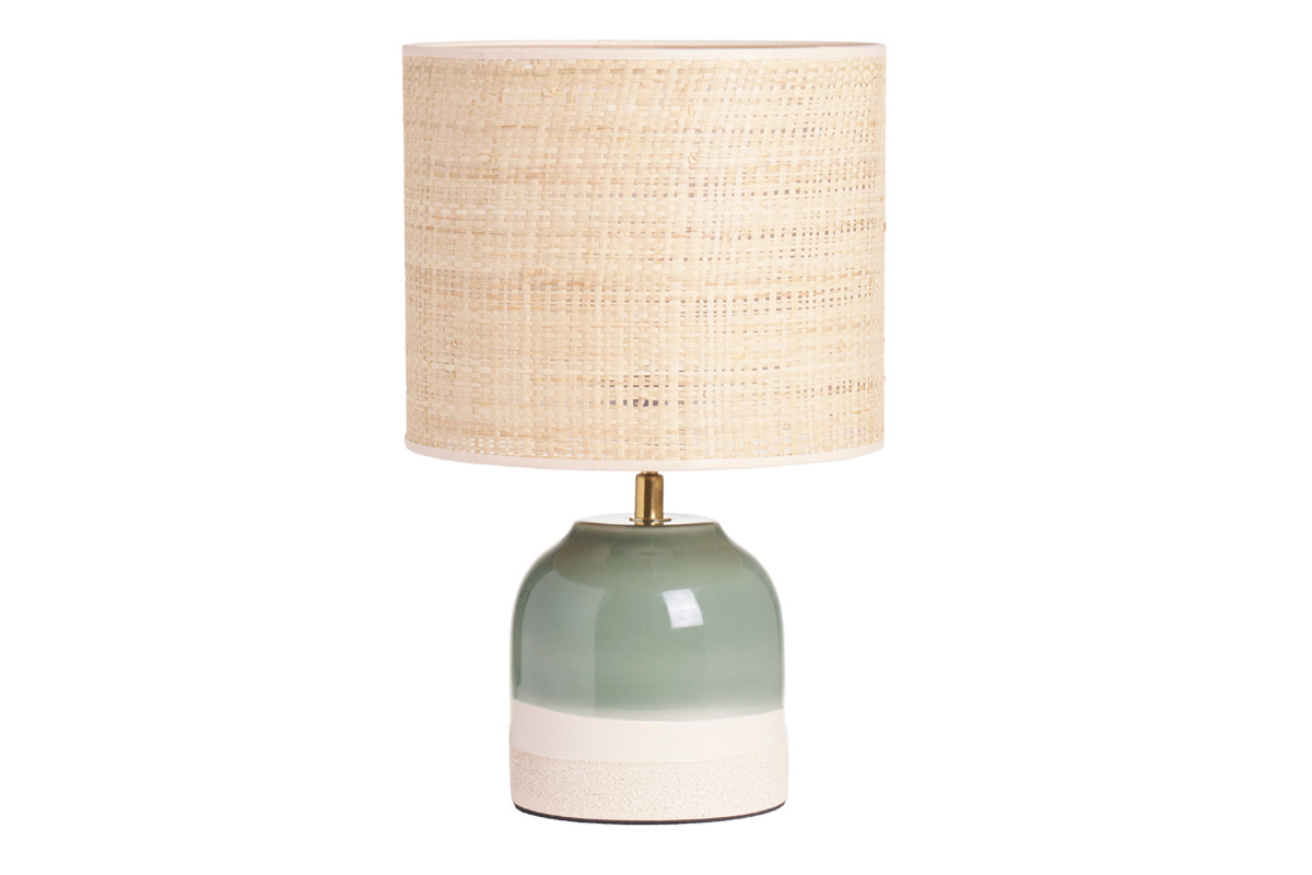 Lampe � poser verte en c�ramique et abat-jour en rabane H35 cm PIEGA