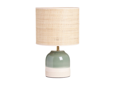 Lampe &agrave; poser verte en c&eacute;ramique et abat-jour en rabane H35 cm PIEGA