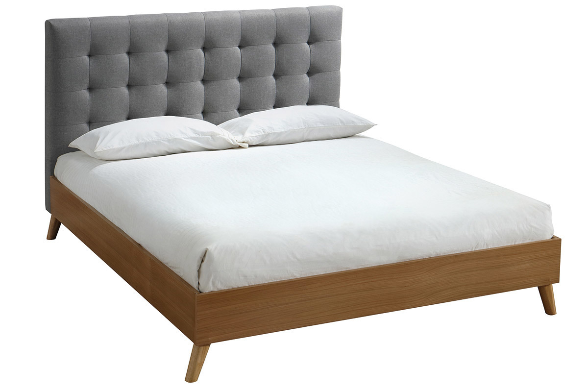 Lit 2 places 140x200cm en bois et tissu gris capitonn� LYNN