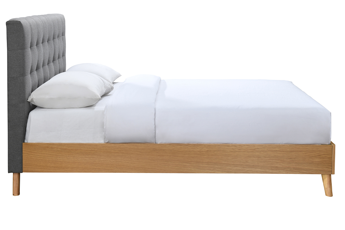 Lit 2 places 140x200cm en bois et tissu gris capitonn� LYNN
