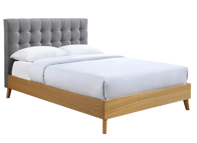 Lit 2 places 140x200cm en bois et tissu gris capitonn&eacute; LYNN
