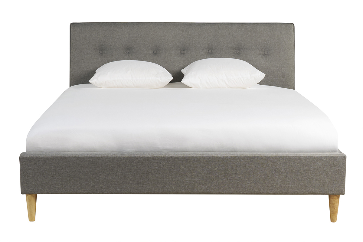 Lit 2 places 160x200 cm avec t�te de lit en tissu gris clair LEONCE