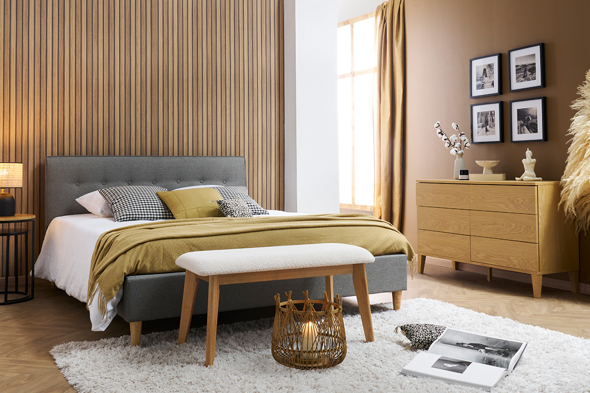 Lit 2 places 160x200 cm avec t�te de lit en tissu gris clair LEONCE