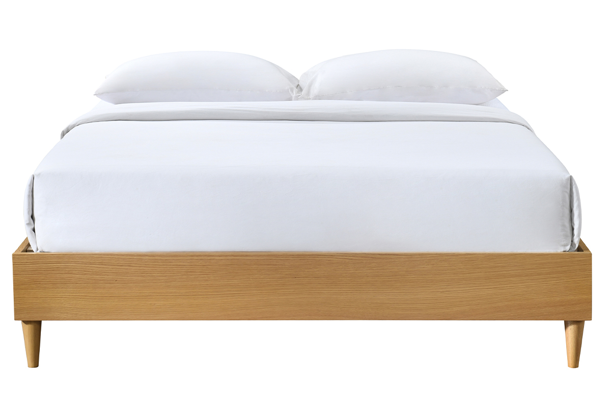Lit 2 places 160x200 cm en bois clair, vue de face avec draps blancs.