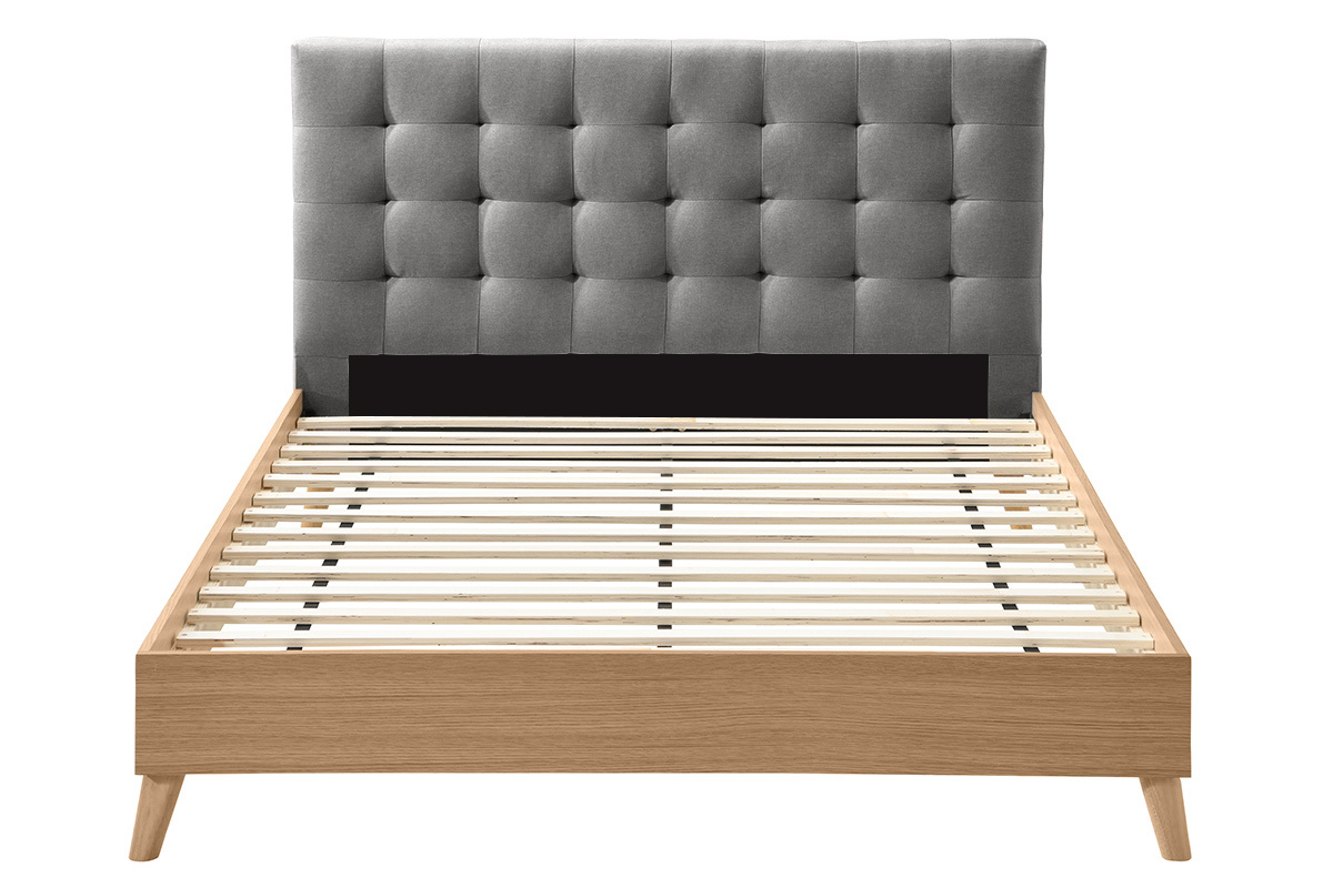 Lit 2 places 160x200 cm en bois et tissu gris capitonn� LYNN