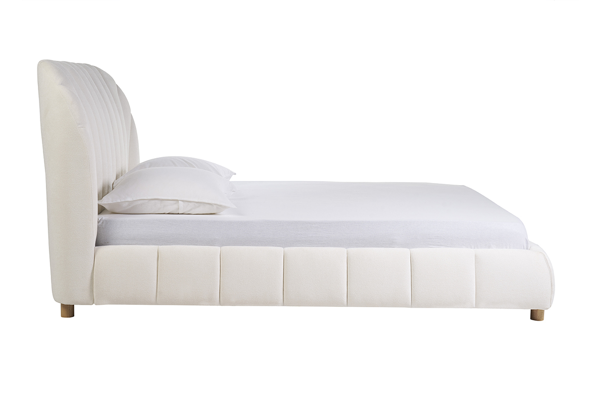 Lit 2 places blanc 160x200 en tissu effet laine boucl�e avec t�te de lit capitonn�e coquillage ARIELLE