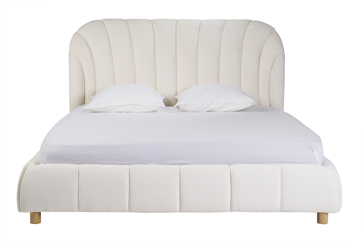 Lit 2 places ARIELLE en tissu effet laine boucl�e blanc avec t�te capitonn�e forme coquillage