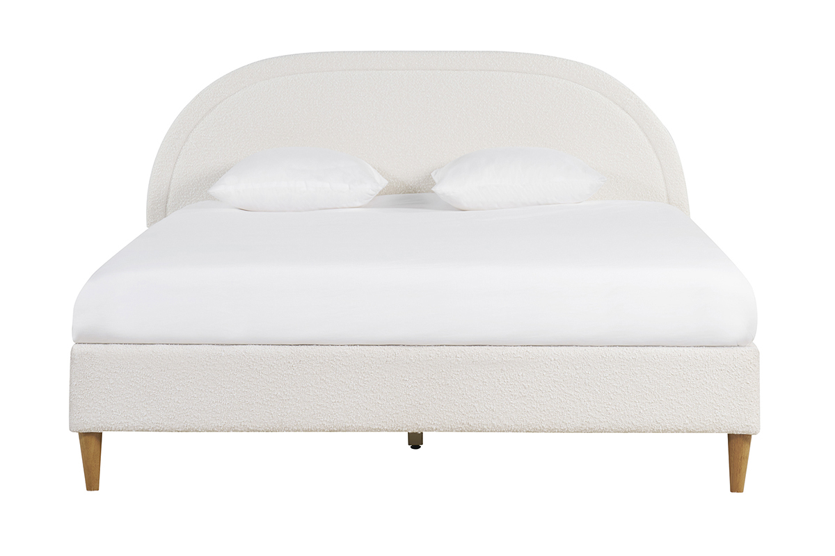 Lit double en tissu effet laine boucl�e blanc, t�te de lit arrondie, vue de face.