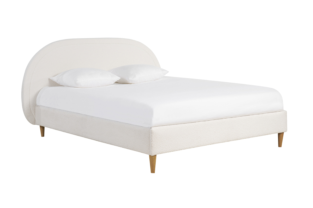 Lit 2 places 160x200 avec t�te de lit arrondie en tissu effet laine boucl�e, vue 3/4.