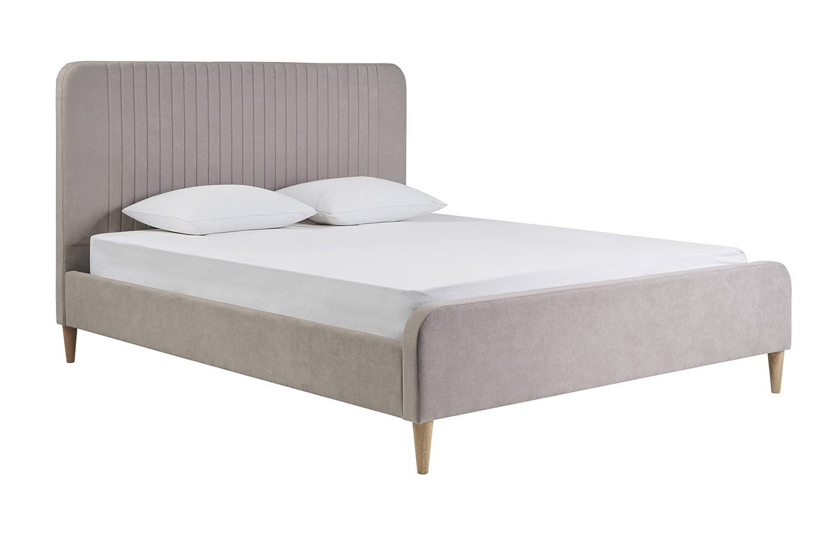 Lit 2 places 160x200 en tissu textur� taupe avec t�te de lit capitonn�e LINDSAY