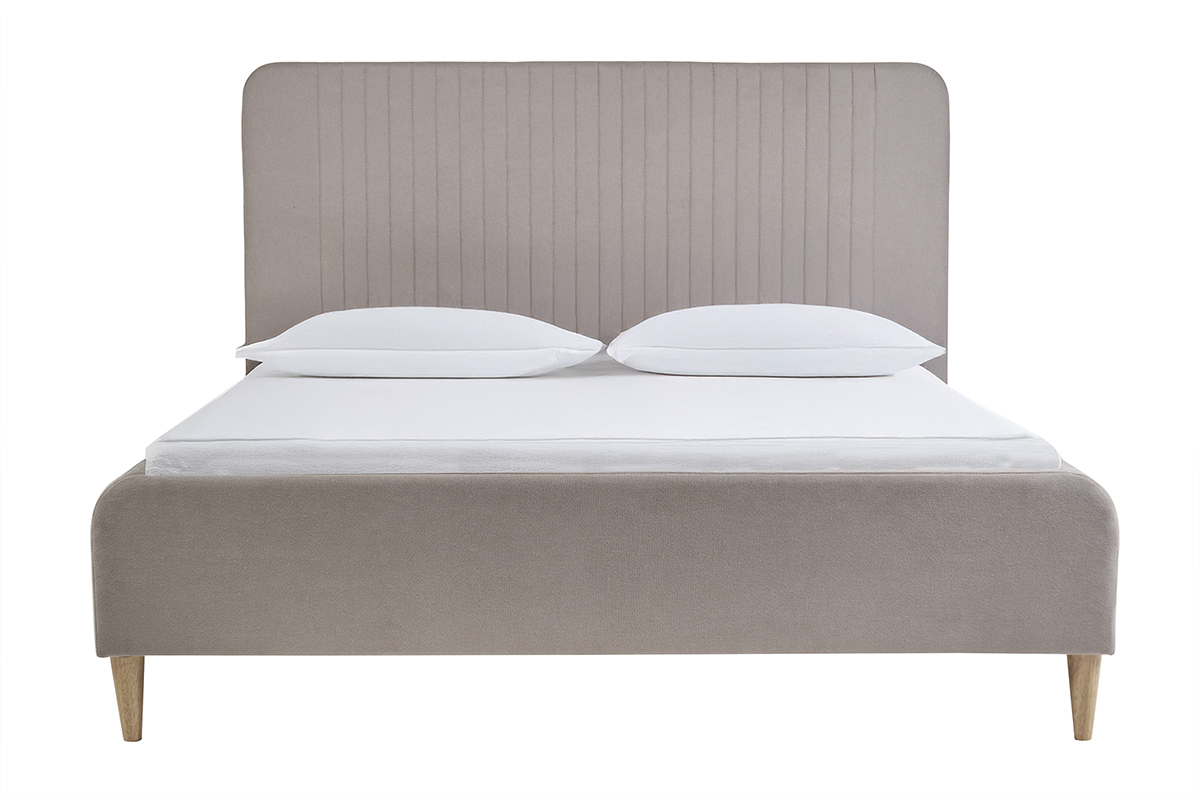 Lit 2 places en tissu textur� taupe avec t�te de lit haute et capitonn�e, mod�le LINDSAY.