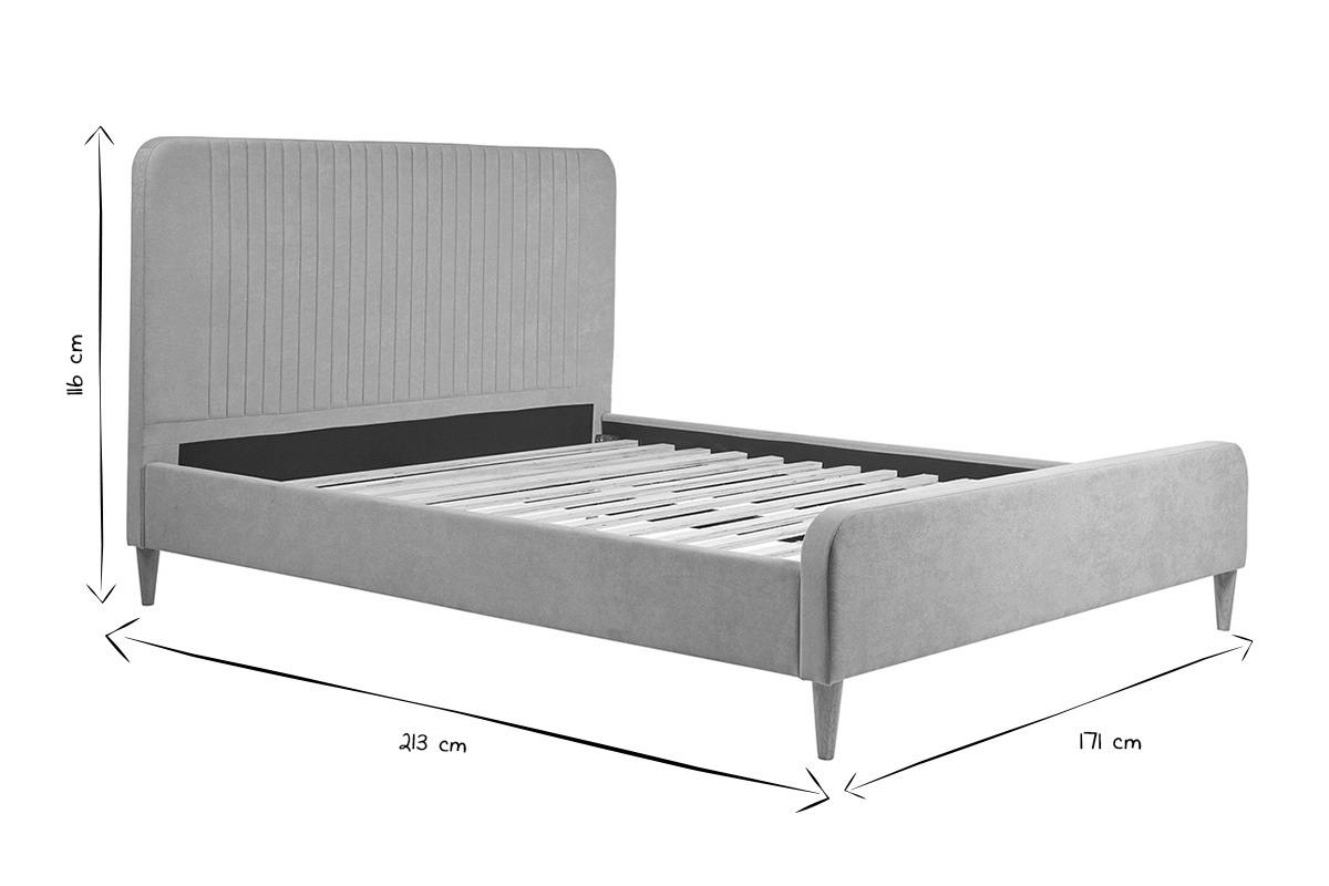 Lit 160x200 en tissu taupe LINDSAY, dimensions L171 x P213 x H116 cm, t�te de lit capitonn�e.